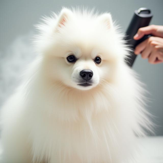 Winter pet grooming with coat blowout treatment